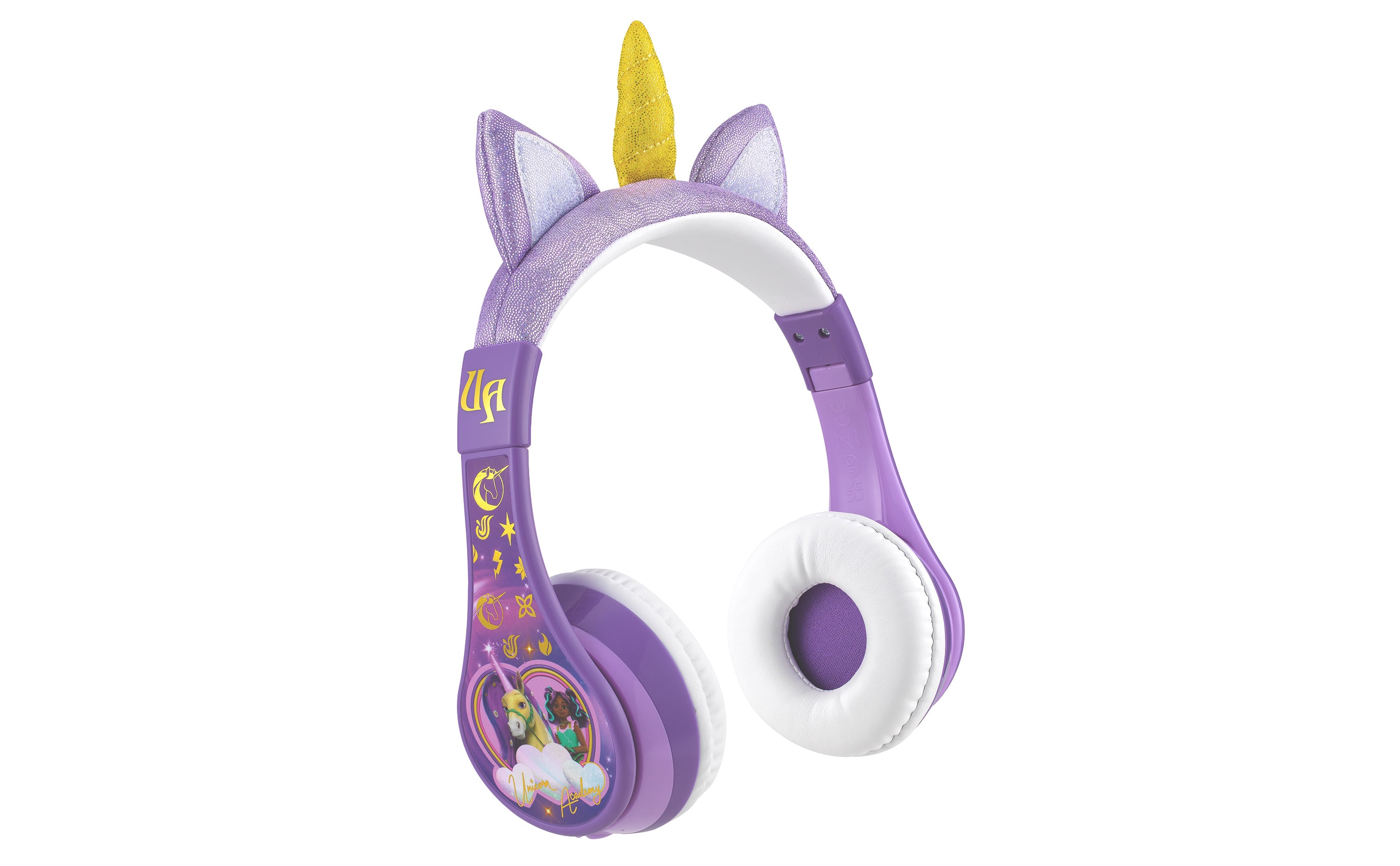 eKids Unicorn Academy Bluetooth Headphones for Kids Wireless being worn by child during travel