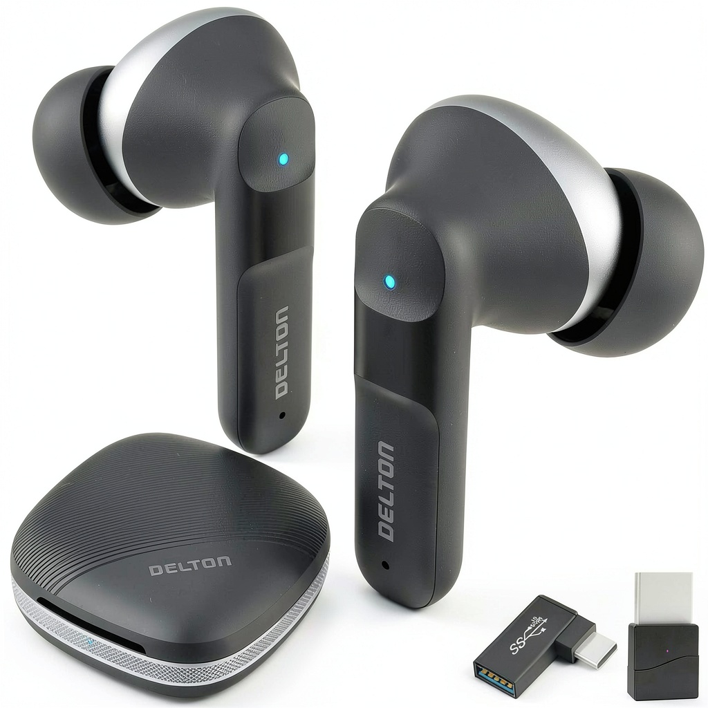 Delton T50 earbuds being used during a gaming session on a laptop with a USB‑C dongle attached