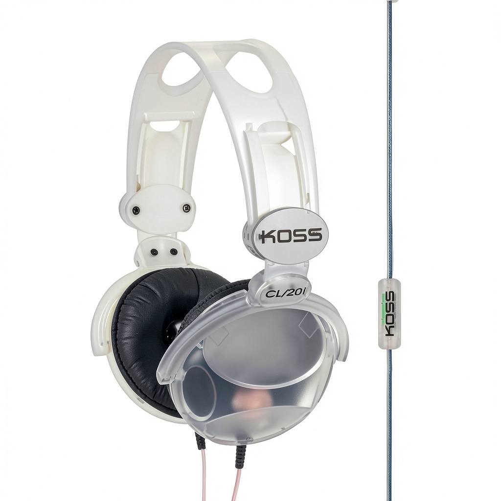 Koss CL20i headphones displaying clear transparent earcups and headband
