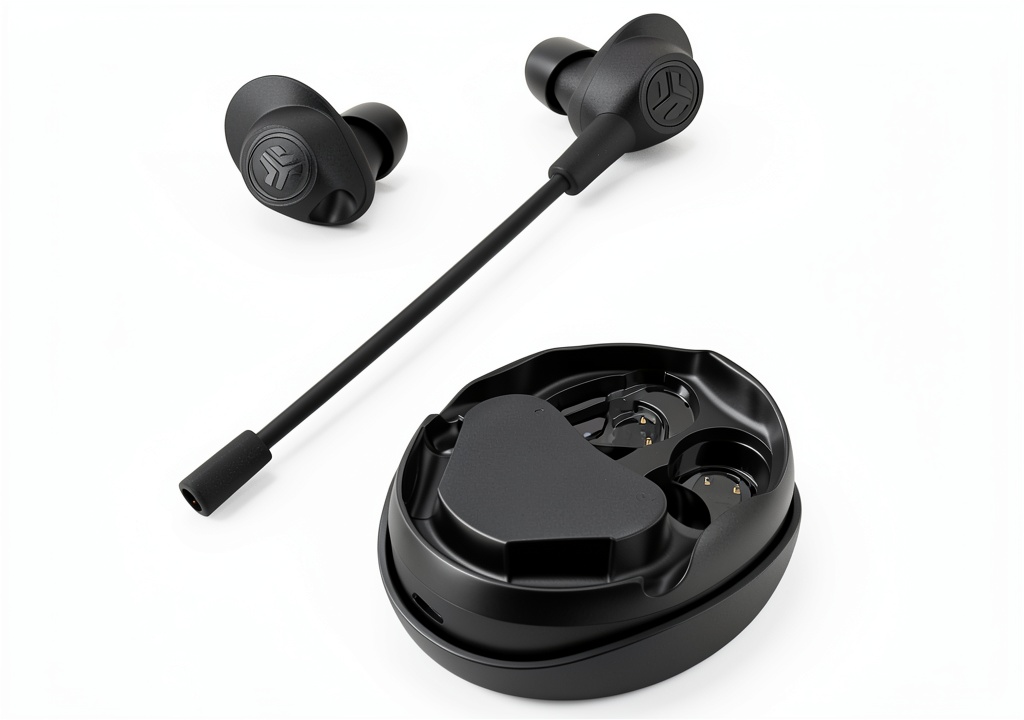 JLab Work Buds with detachable boom mic on a desk