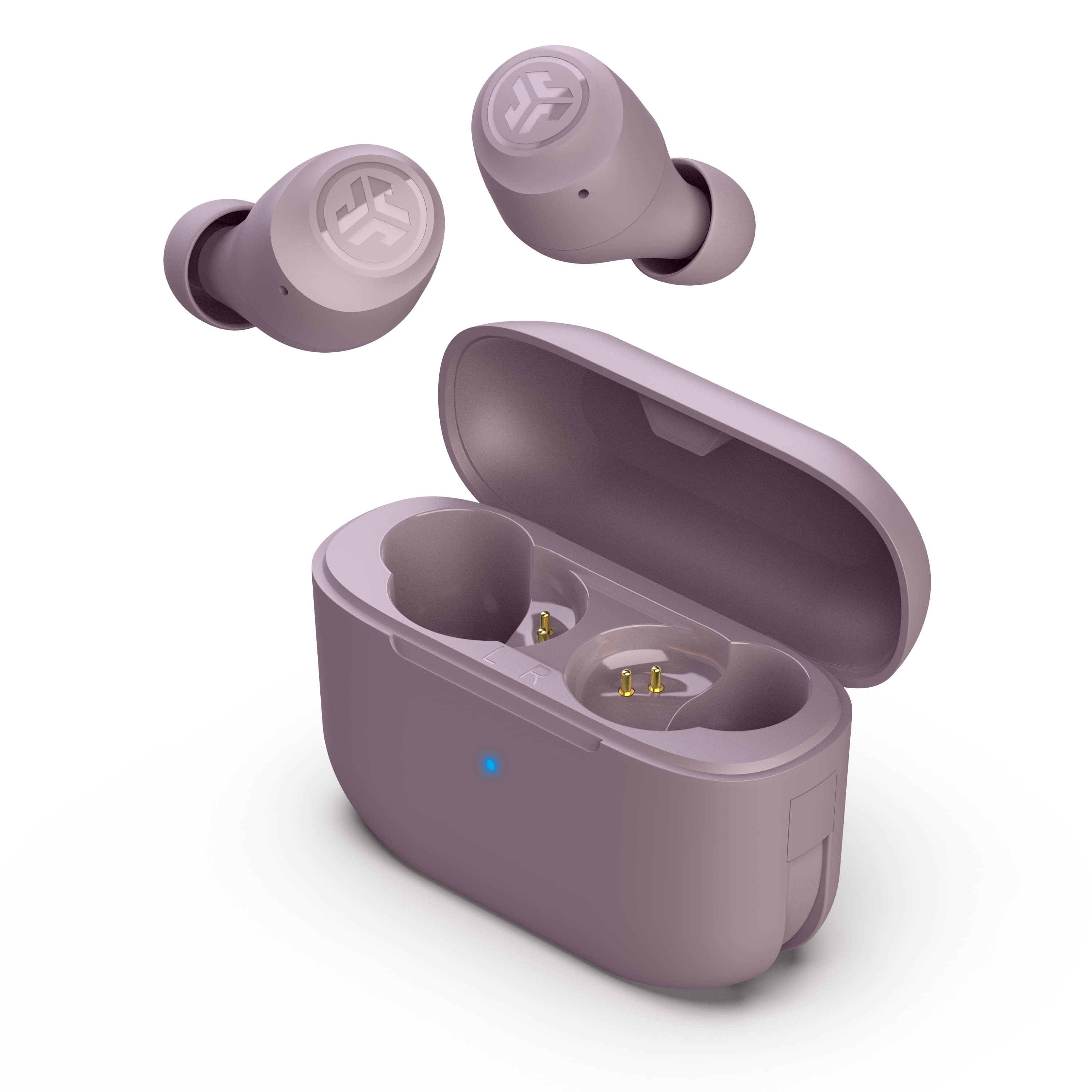 JLab GO Air POP earbuds in charging case with color options displayed