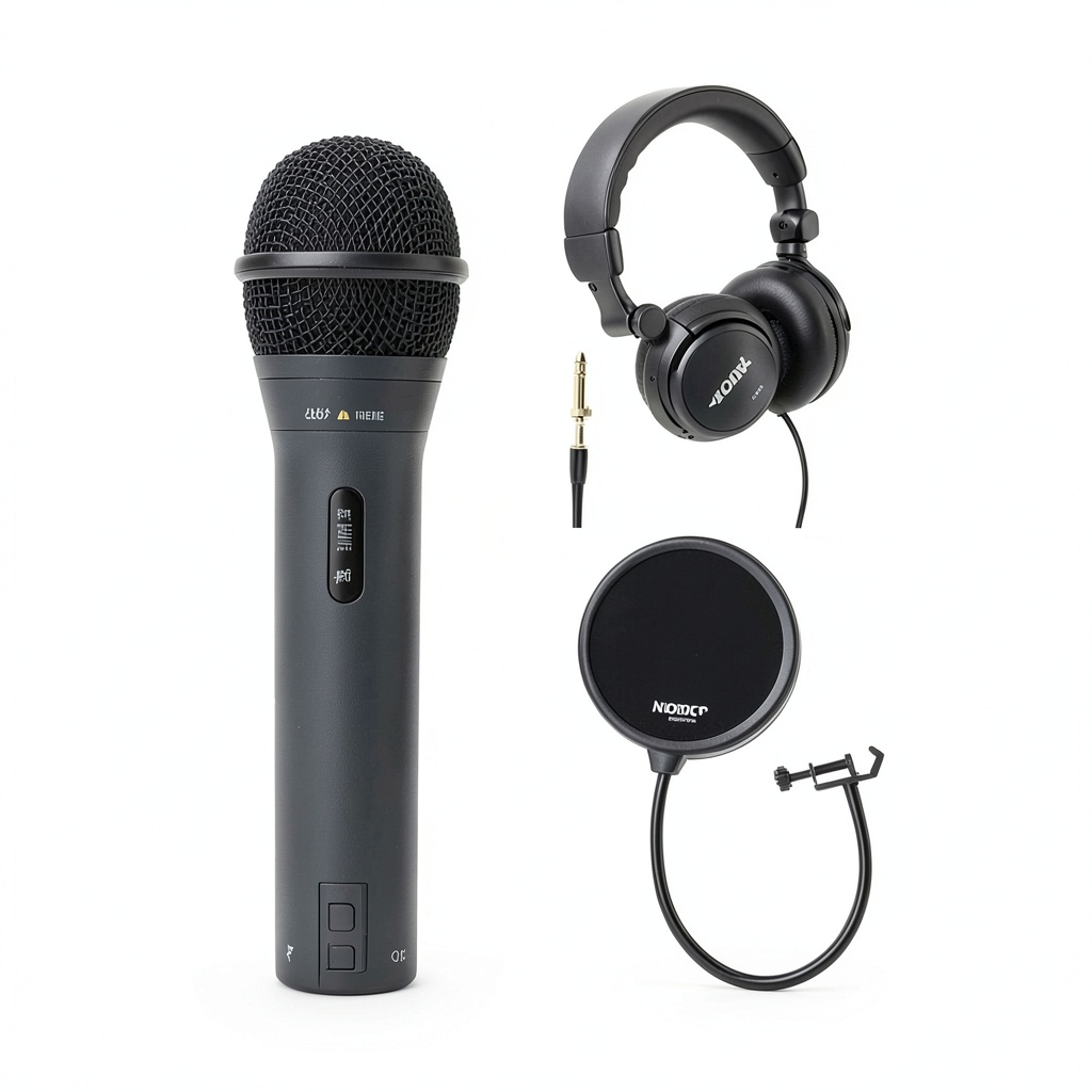 Samson Q2U microphone with pop filter and headphones on a desk